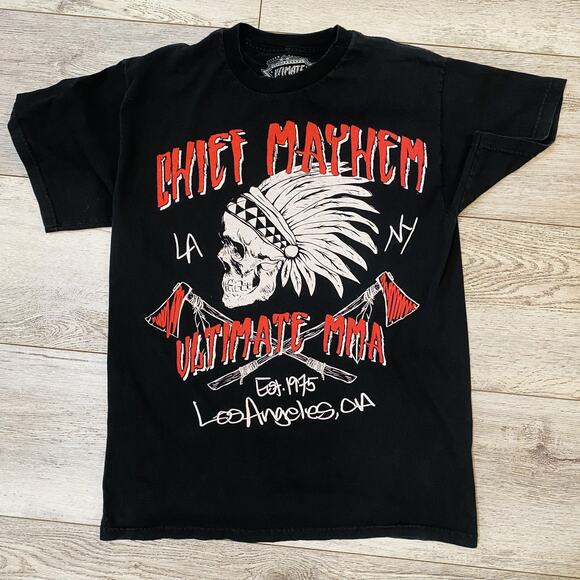 Chief Mayhem Ultimate MMA Fight t shirt Mens Medium Black Skull Graphic Tee - Picture 1 of 7